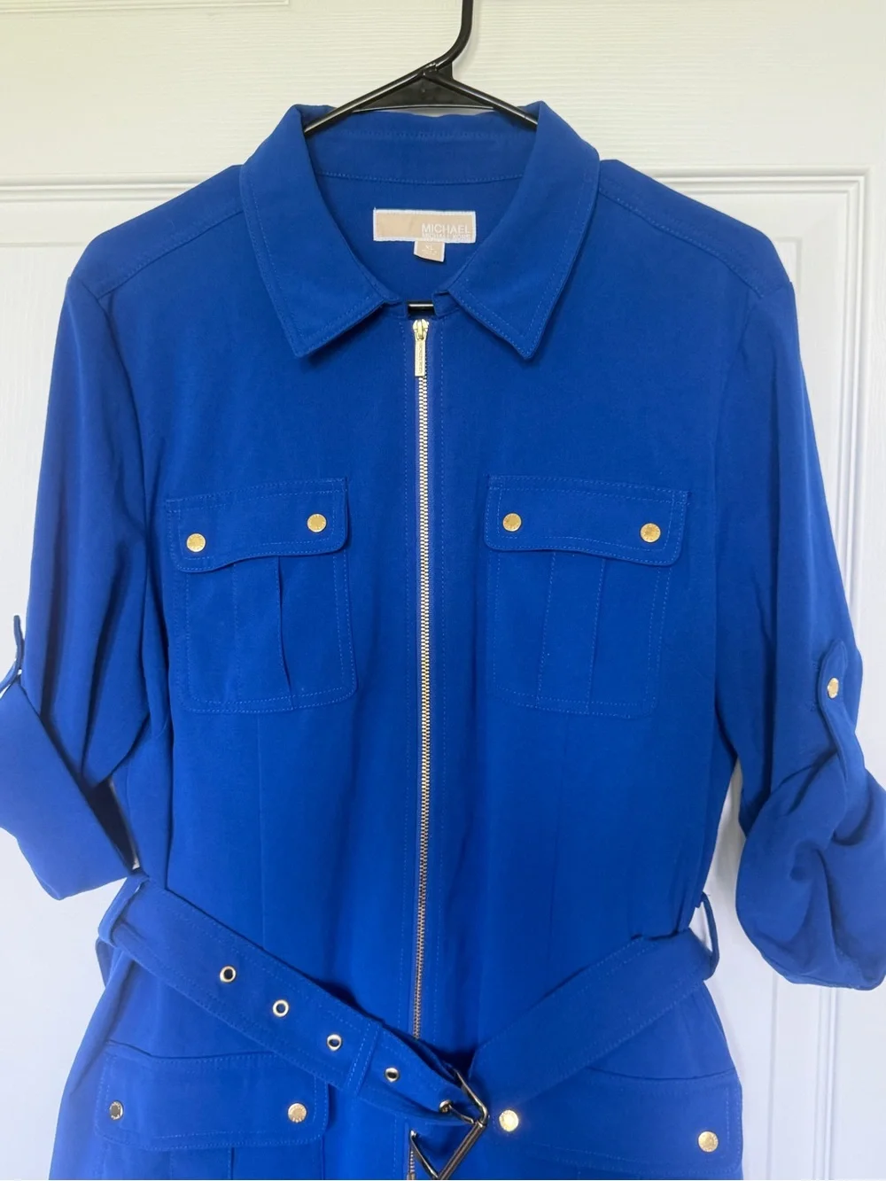 MICHAEL KORS Blue Zip Front Belted Utility Shirt Dress Women’s Size XL